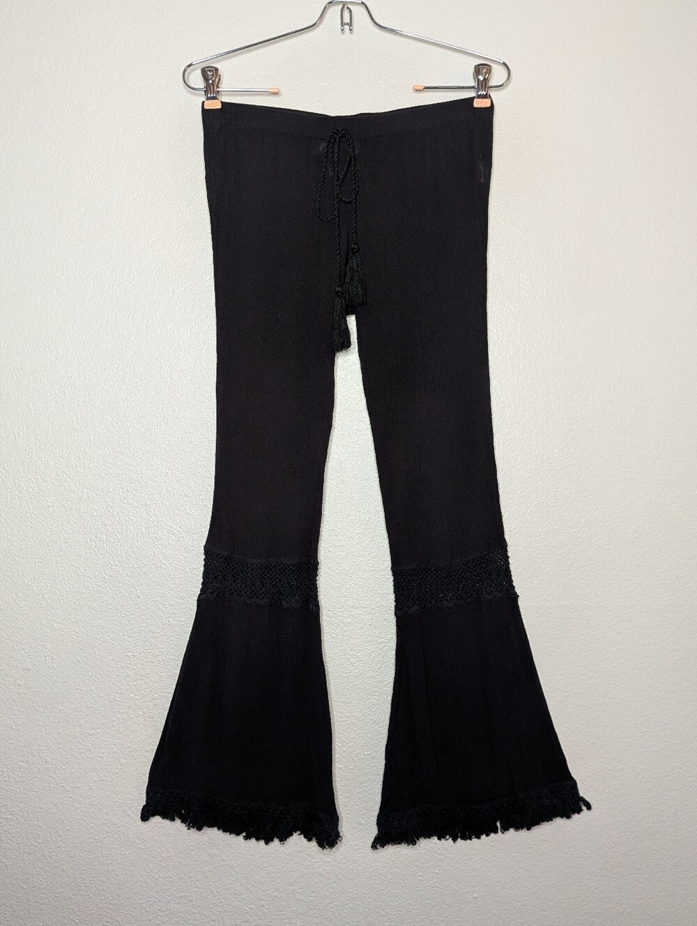 Band Of Gypsies Black Whimsigoth Fairy Grunge Boho Crochet Fringe Flare Pants S